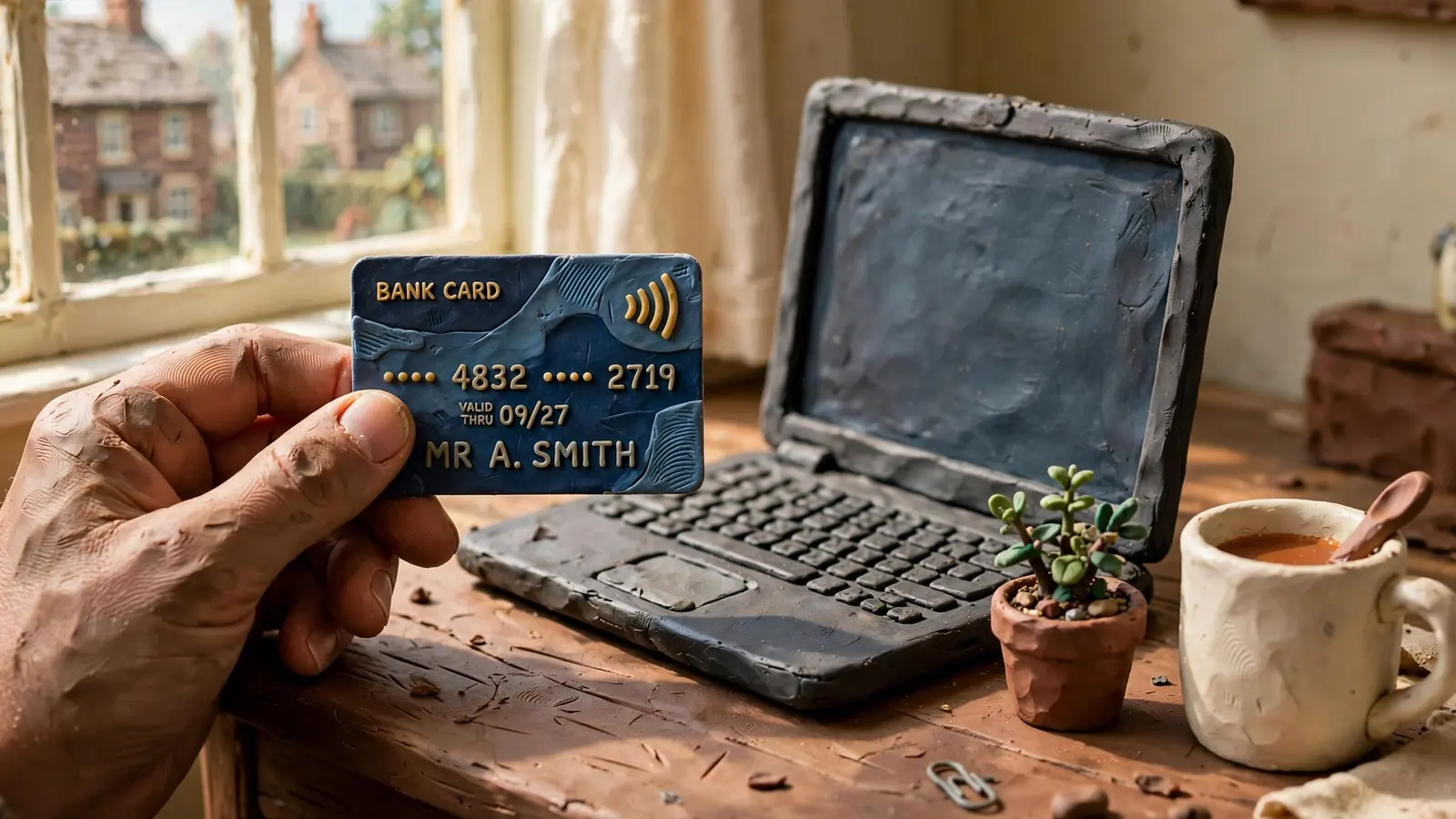 Hand holding a bank card beside a laptop on a desk