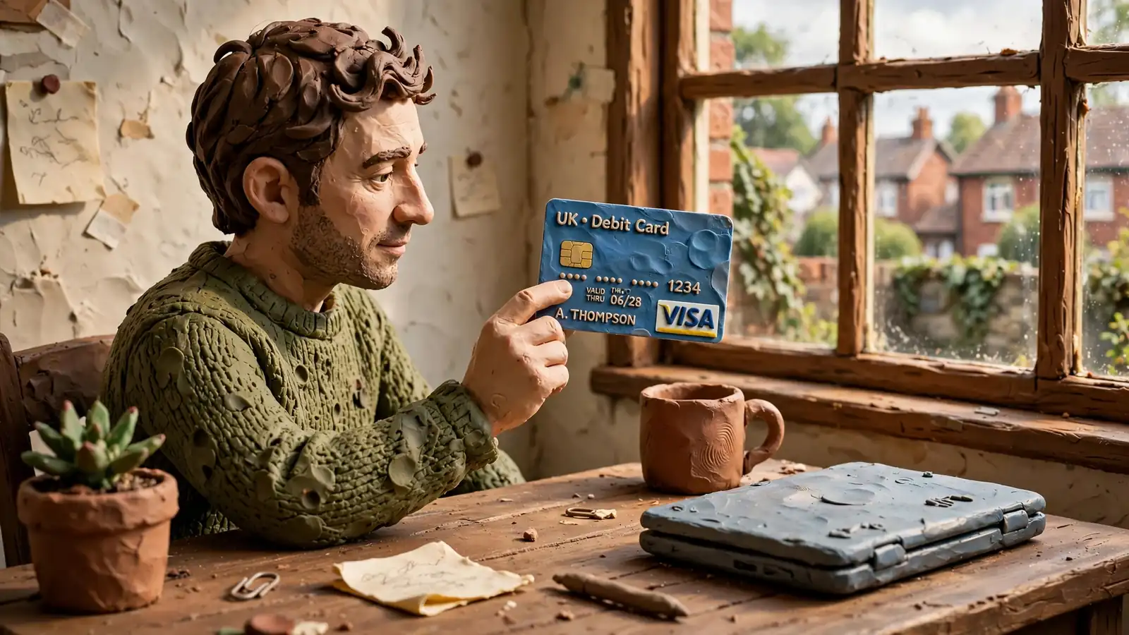 Hand holding a UK debit card at a home desk with a laptop.