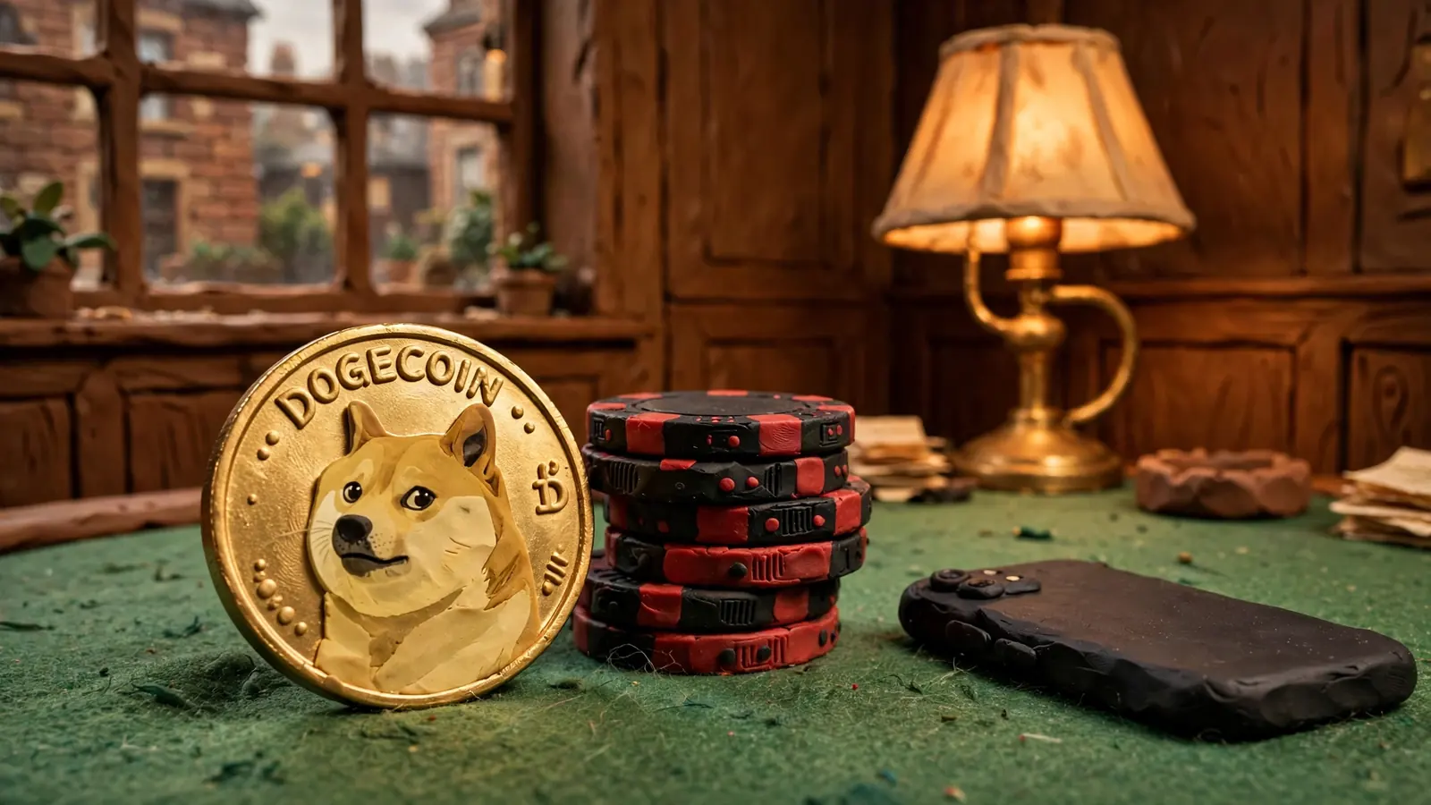Gold Dogecoin coin on casino felt with chips and smartphone