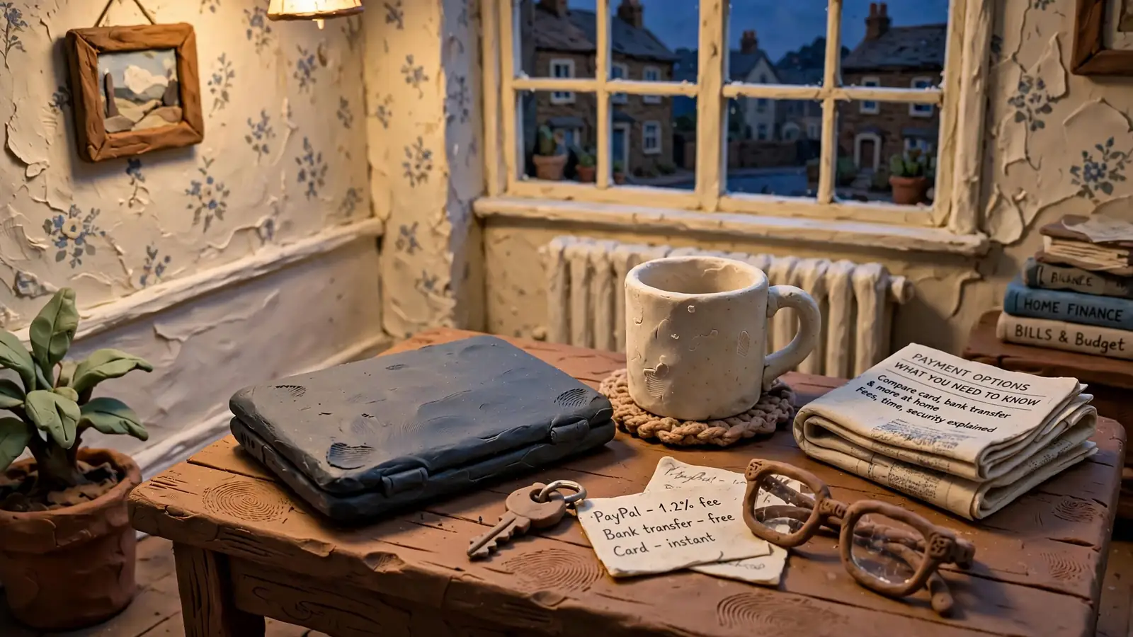 Closed laptop on a side table in a British living room at dusk.