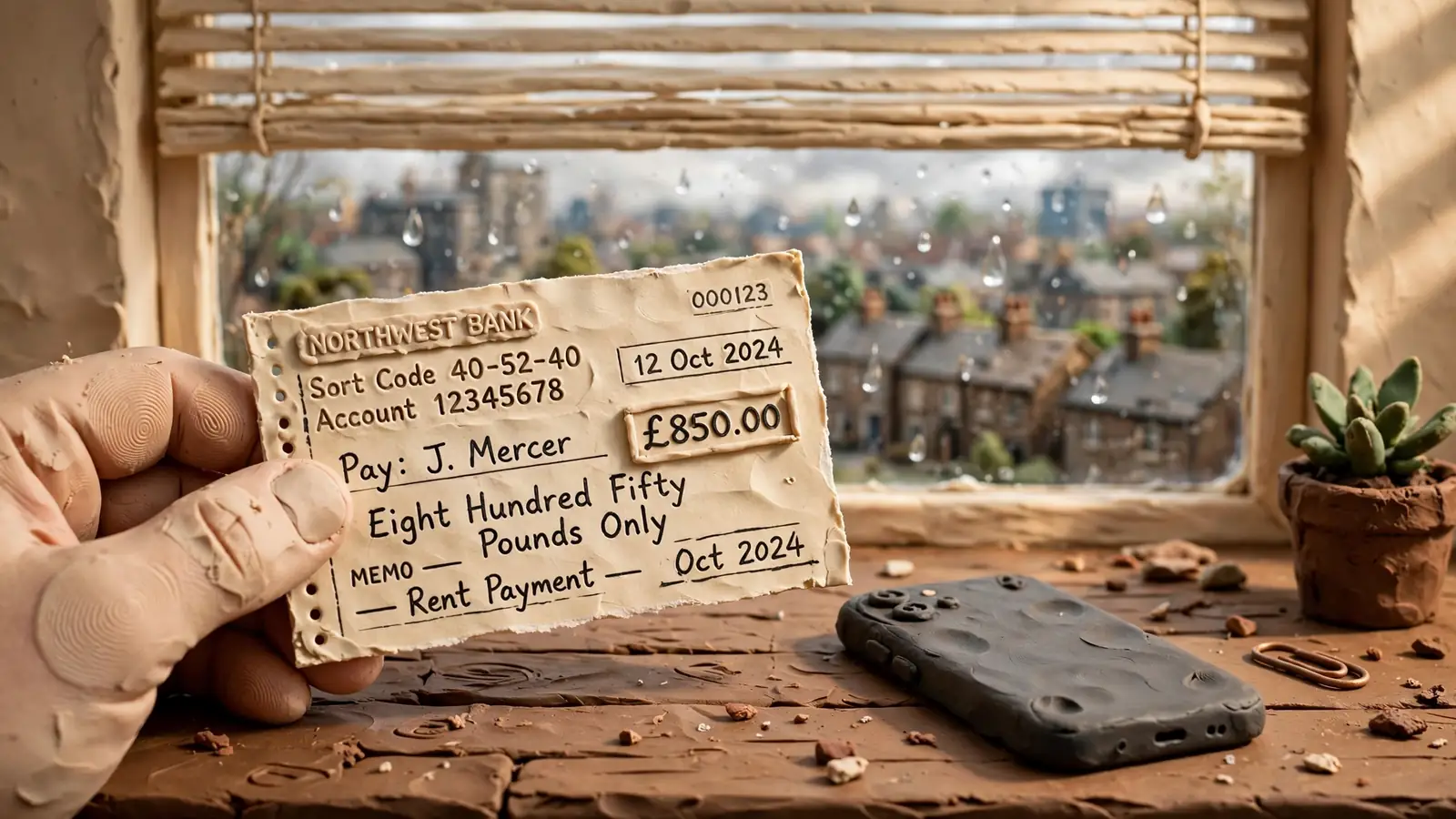 Hand holding a paper cheque beside a smartphone on a desk with a UK city view through the window.
