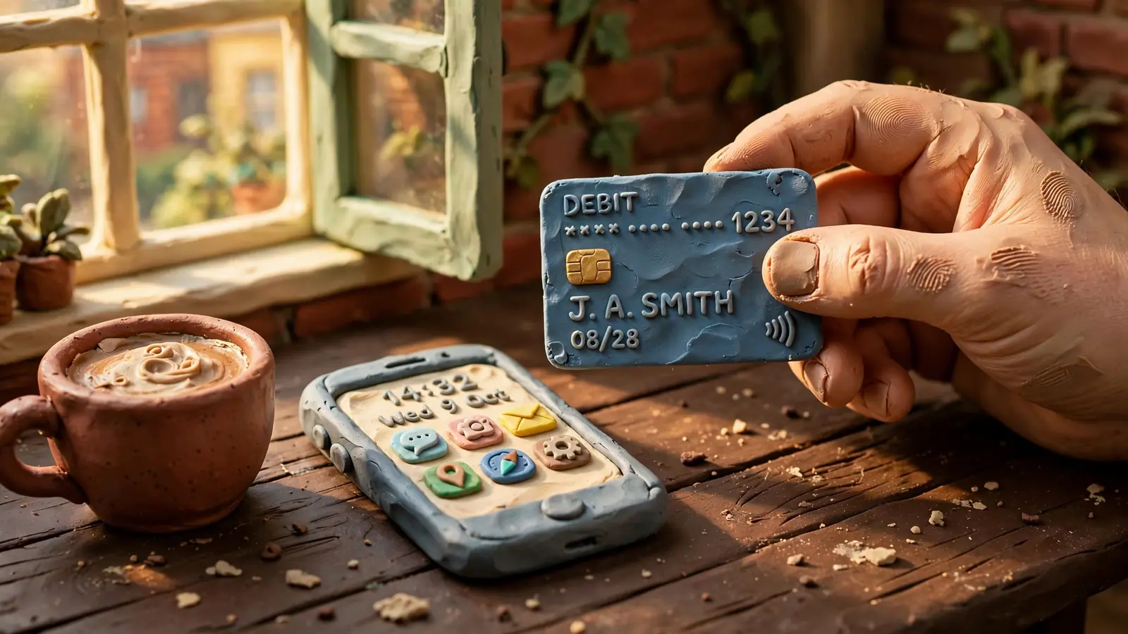 Hand holding a bank card near a smartphone on a wooden table.