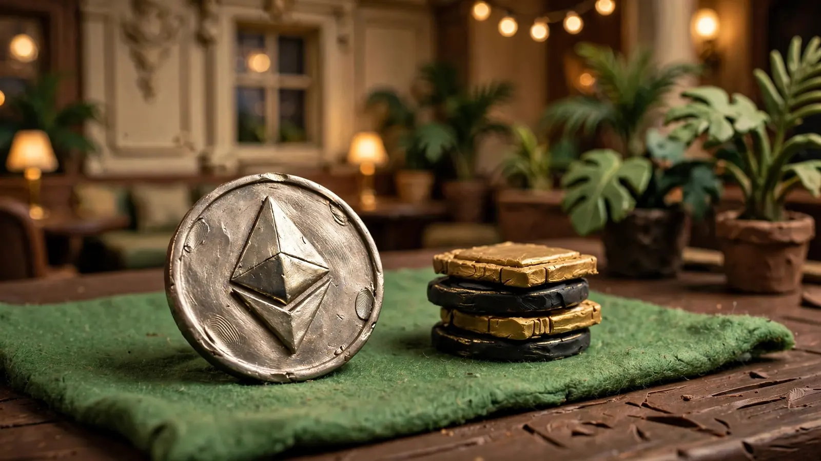 Ethereum coin on green baize table with chips in the blurred background of an evening casino lounge.