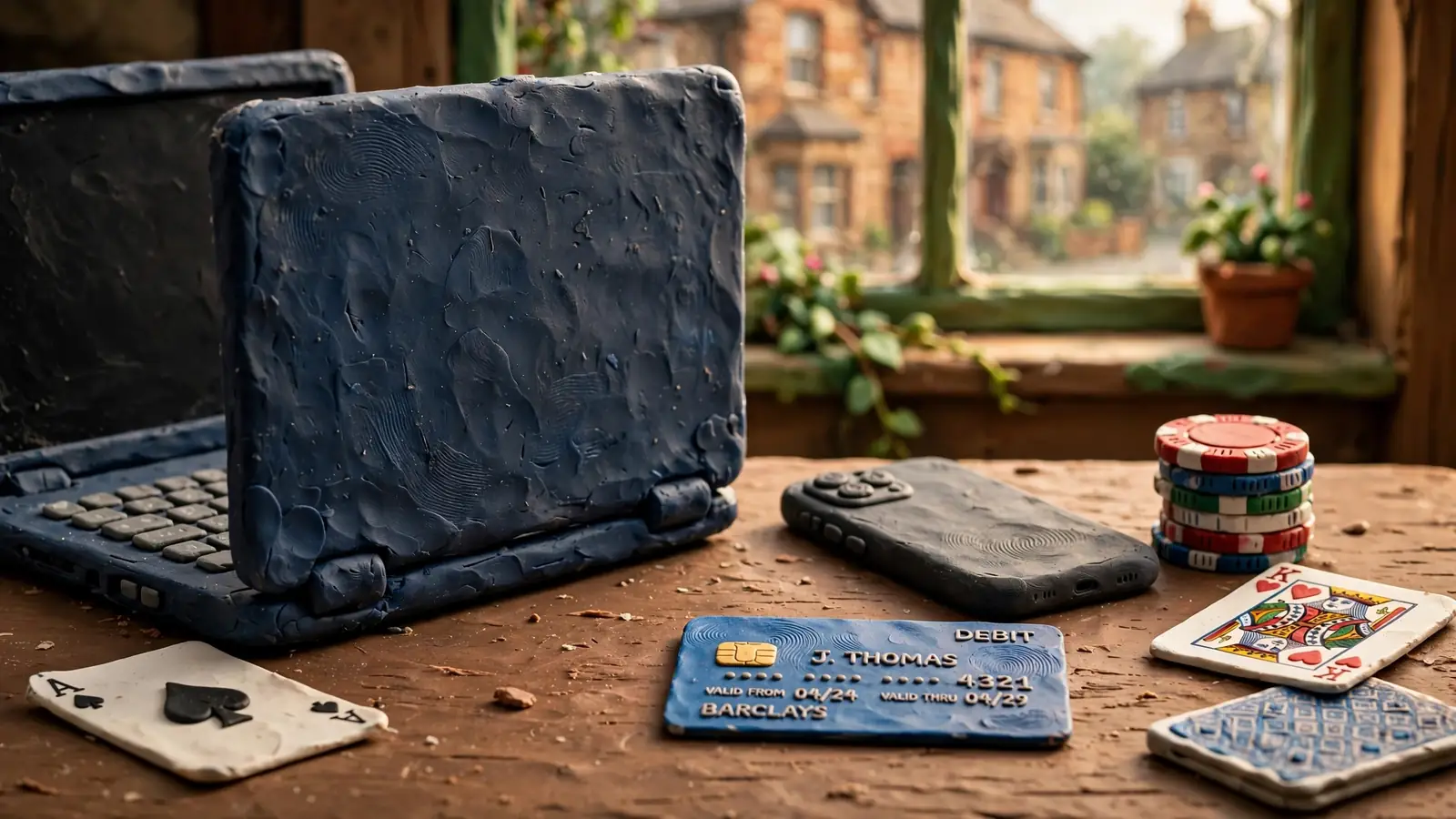 Laptop and smartphone on desk with debit card, chip stack, and playing cards