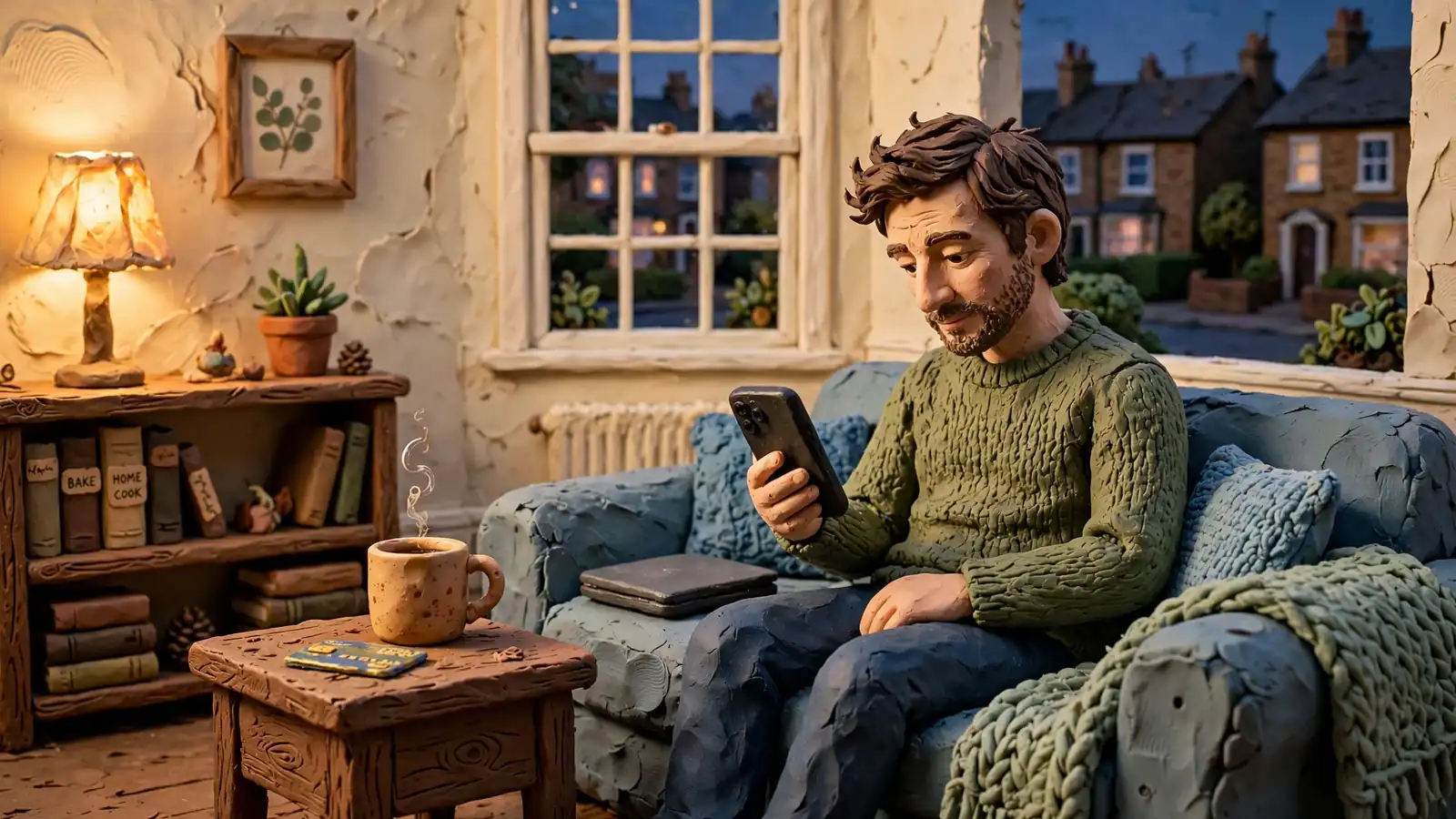 Person in UK living room holding a smartphone with a payment card on the side table.