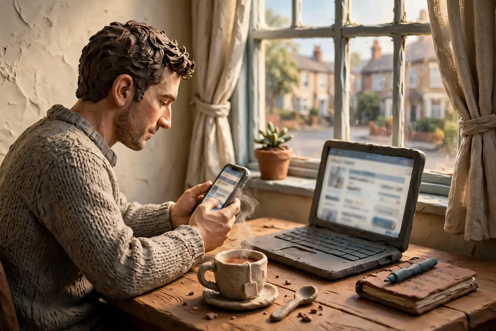 Person checking payment options online at a UK kitchen table with phone and laptop.