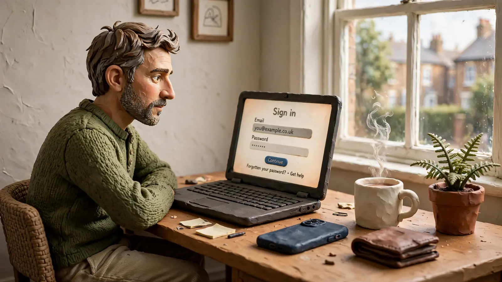Person at a desk reviewing payment options on a laptop in a bright UK flat.