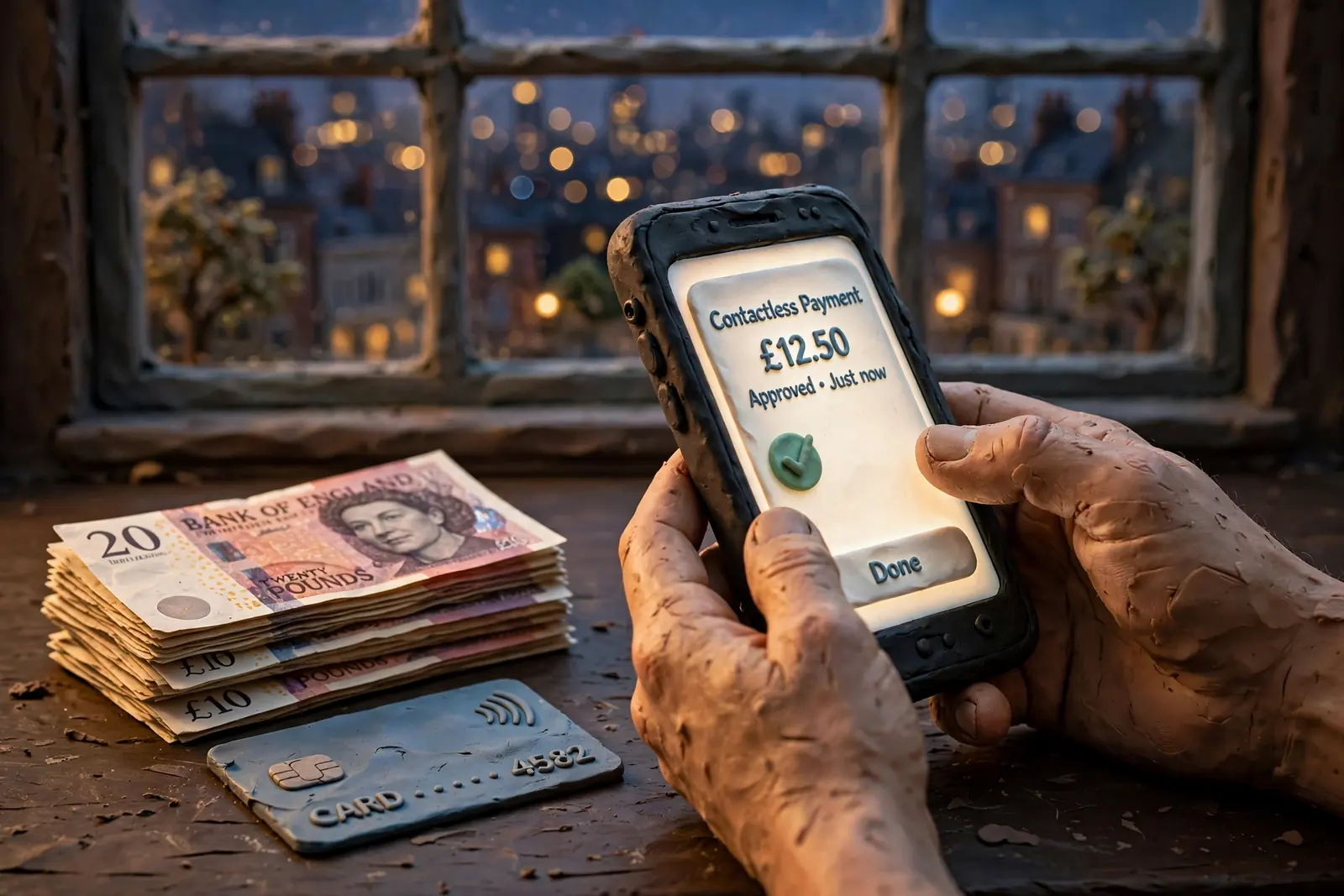 Hands holding a smartphone with pound notes and a payment card on a table.