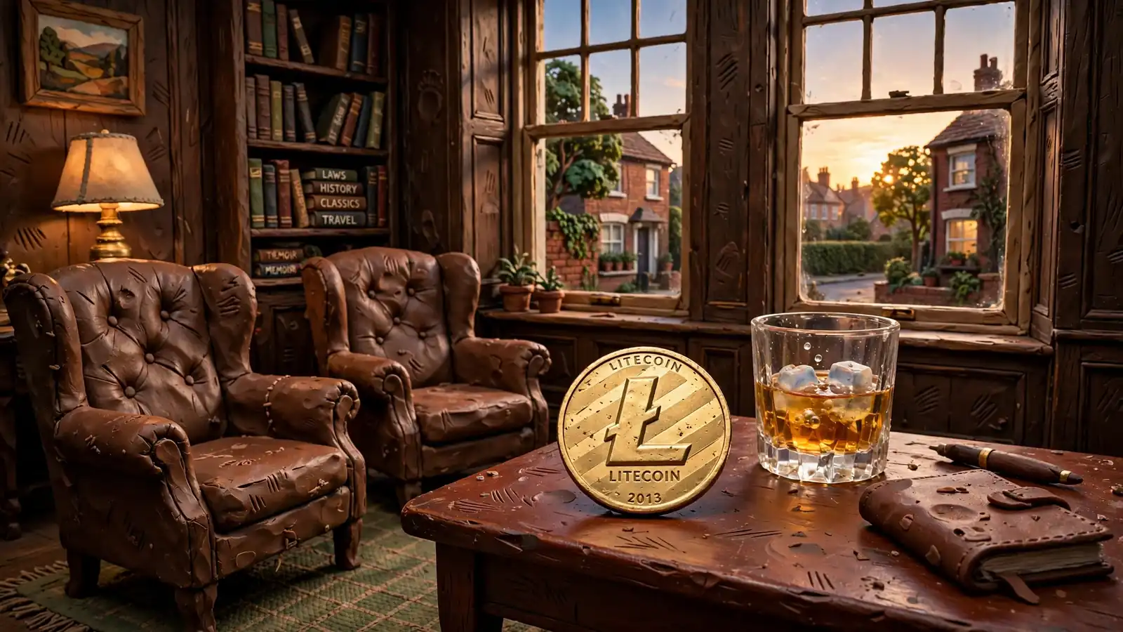 Gold Litecoin coin on a mahogany table in a British lounge interior.
