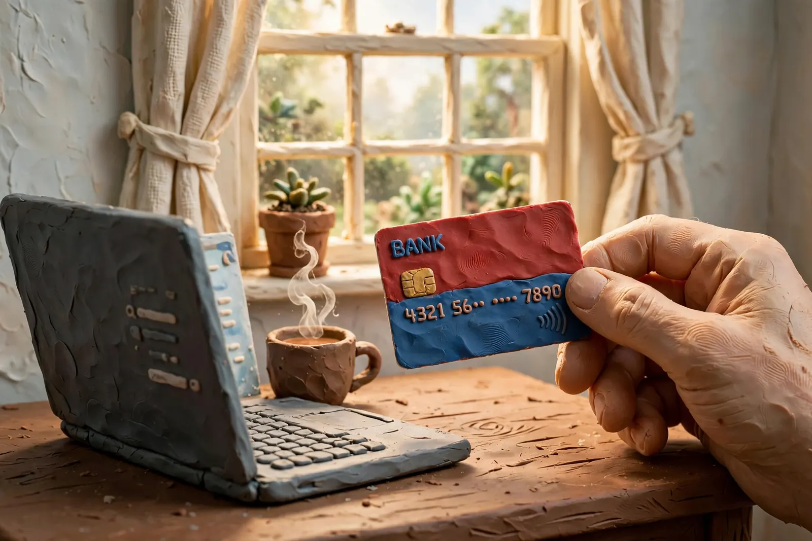 Hand holding a debit card near a laptop on a desk with tea in a UK home