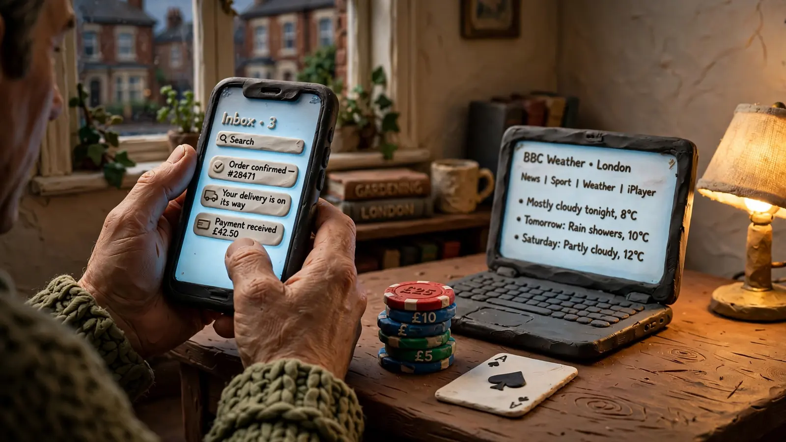 Hands holding smartphone near laptop with casino chips on table