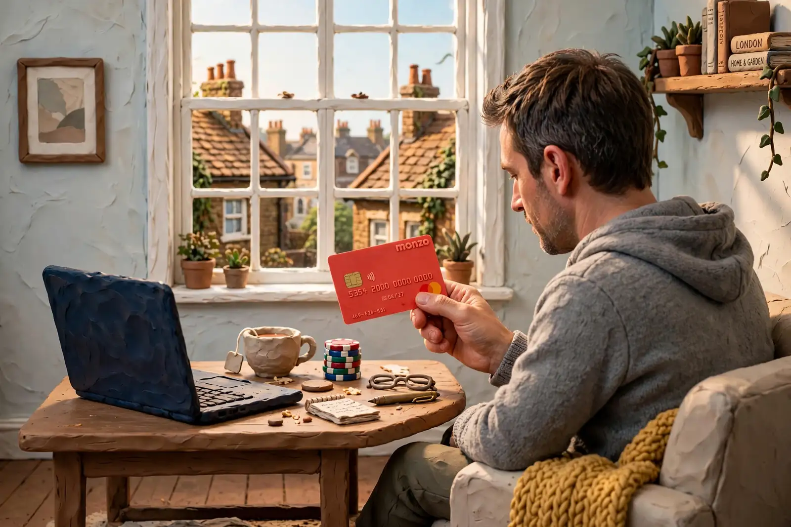 Person holding a Monzo card near a laptop in a British living room