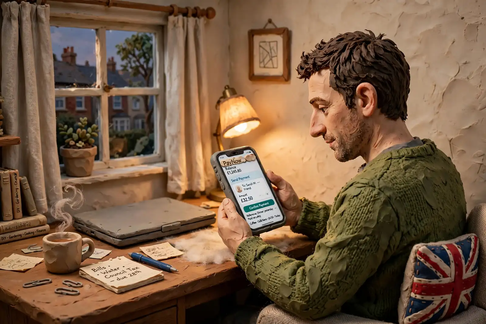 UK player at home desk checking mobile payment app before depositing at an online casino.
