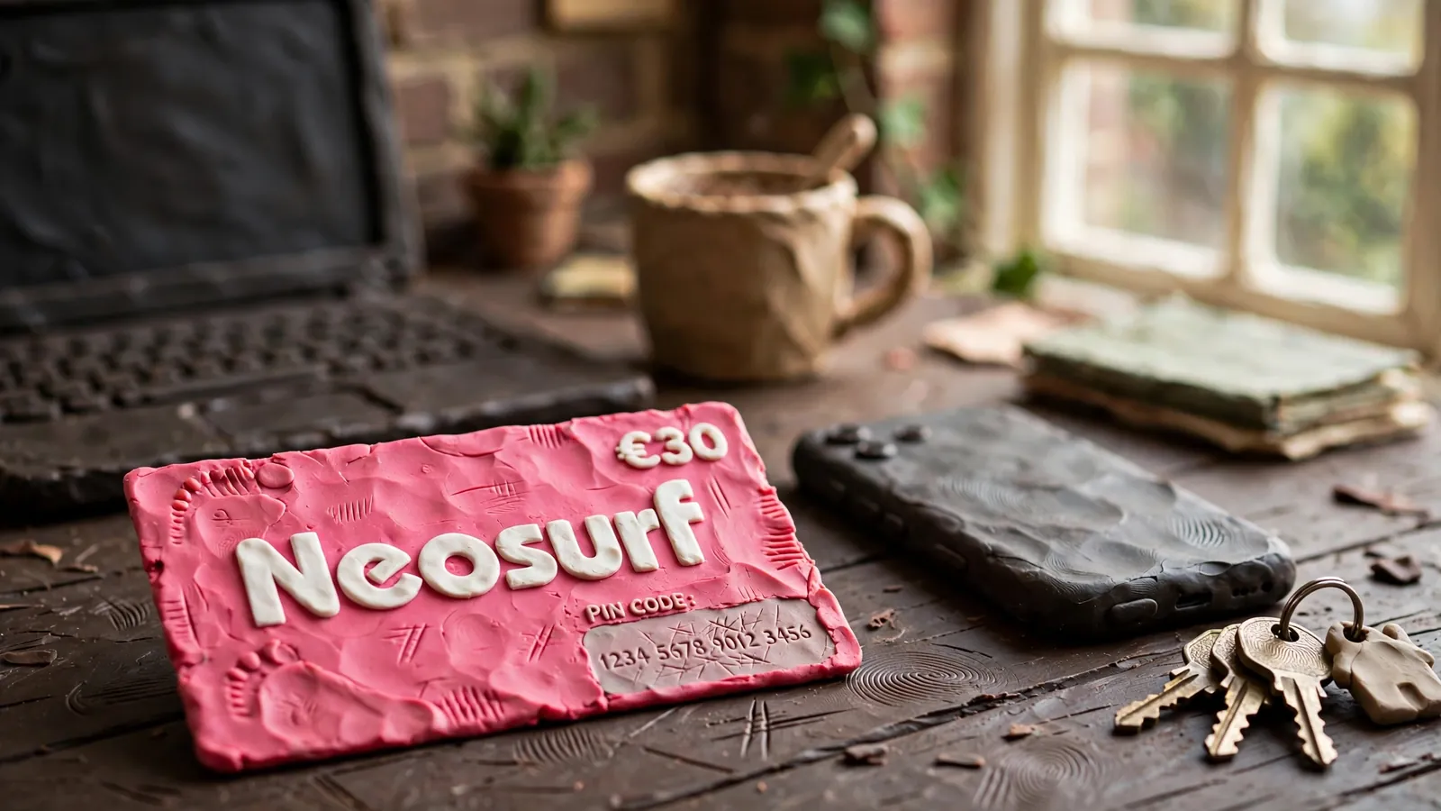 Neosurf voucher on a desk beside a smartphone in a home office.