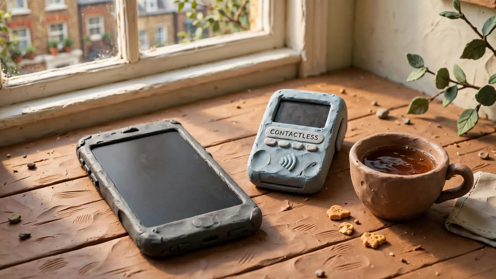 Smartphone and contactless terminal on a table in a modern UK flat