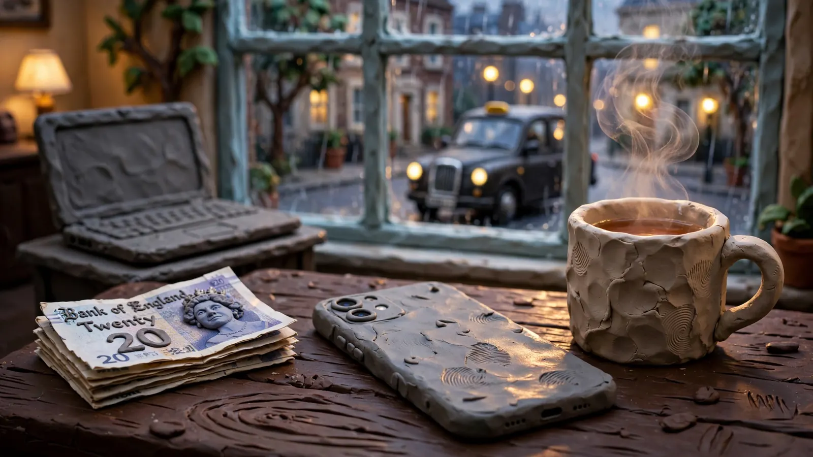 Smartphone, British pounds and tea on a desk near a rainy London window
