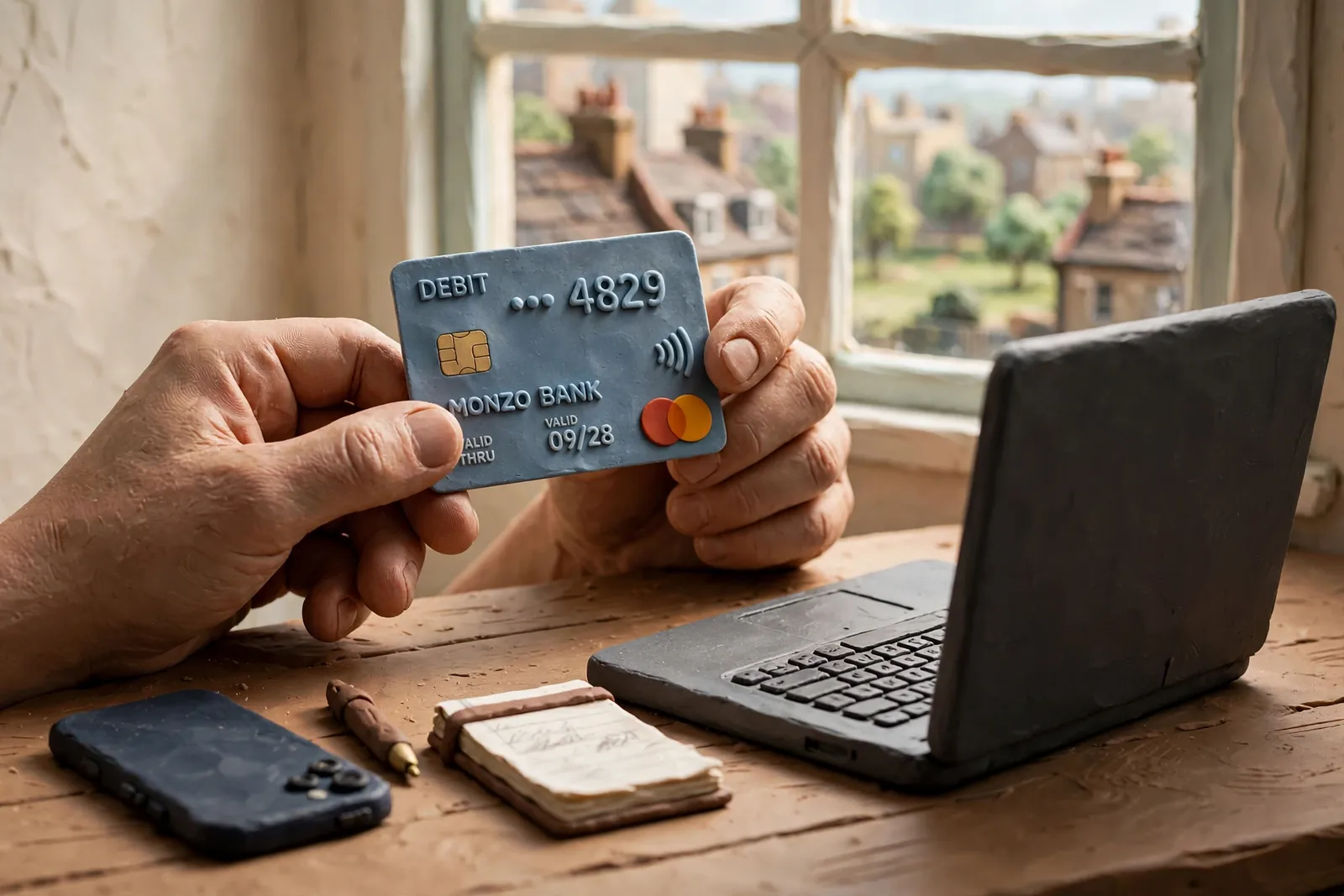 Hands holding a UK bank card near a laptop on a desk, London rooftops visible outside.