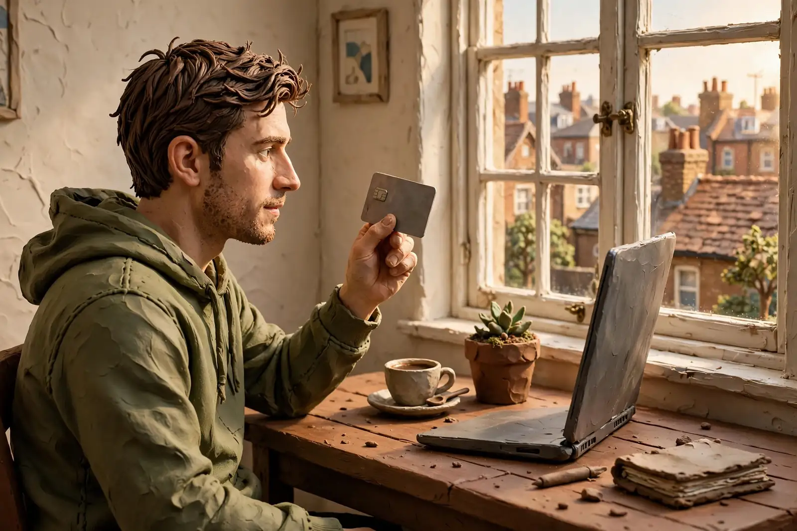 Man holding payment card near laptop at desk in London apartment