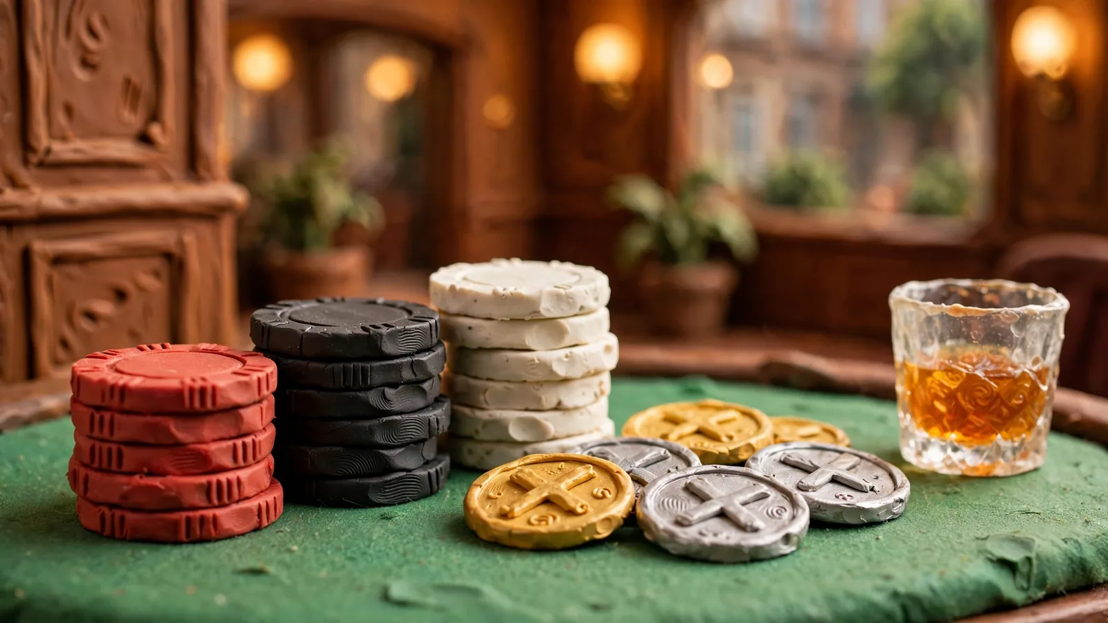 Casino chips and XRP-style coins on a green felt table in a British casino interior.