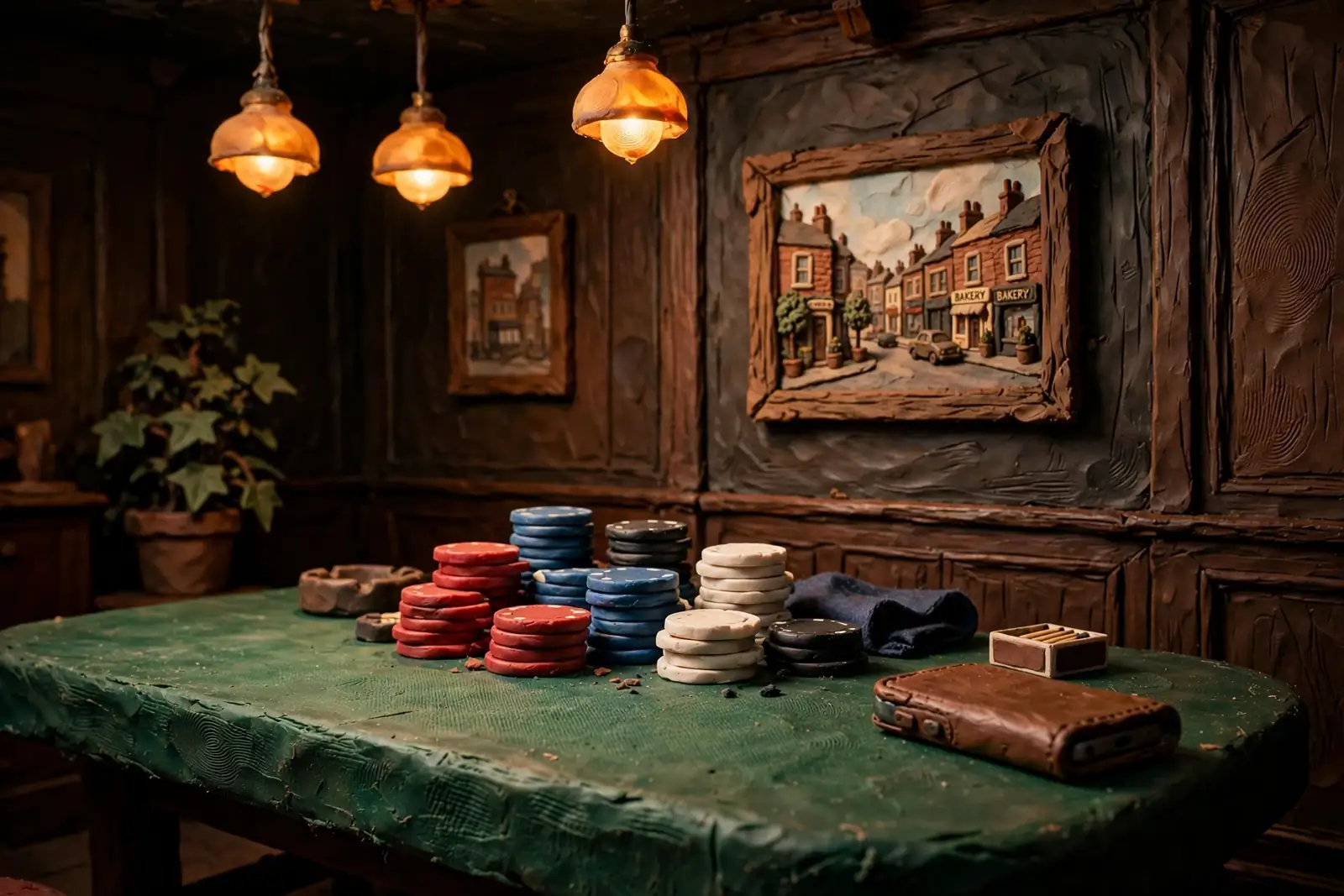 Elegant London casino interior with chip stacks and a closed smartphone on a green felt table.