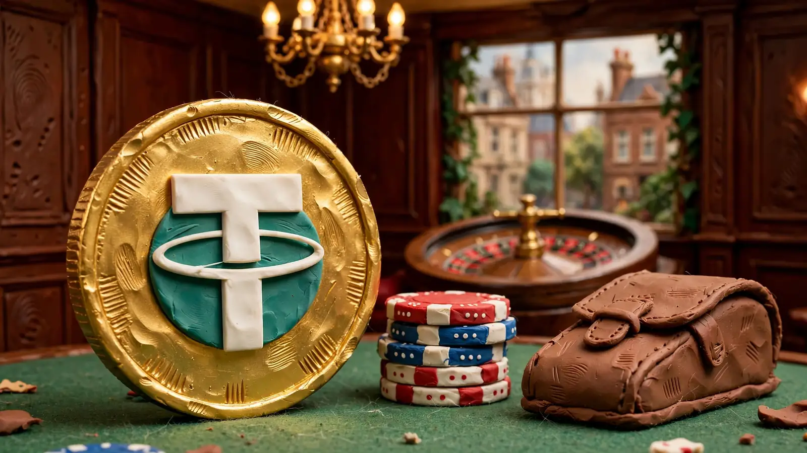 Golden Tether coin on green felt in a London casino lounge with chips and a roulette wheel.