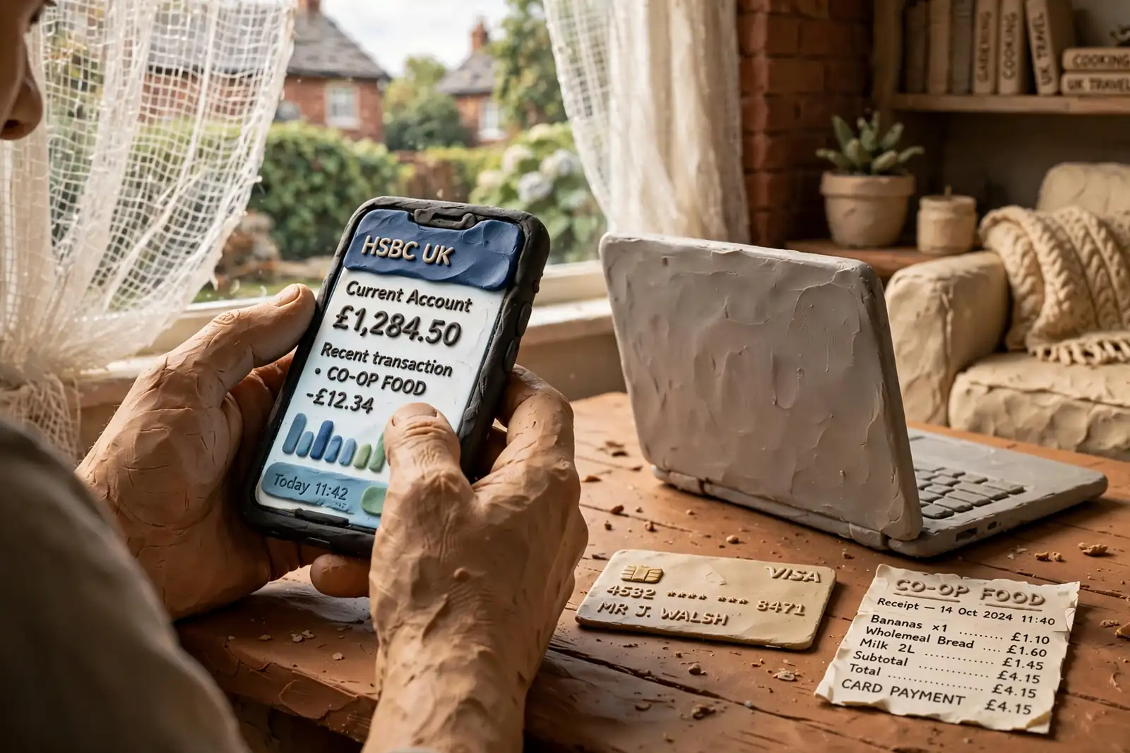 Hands checking payment options on a phone and laptop at home.