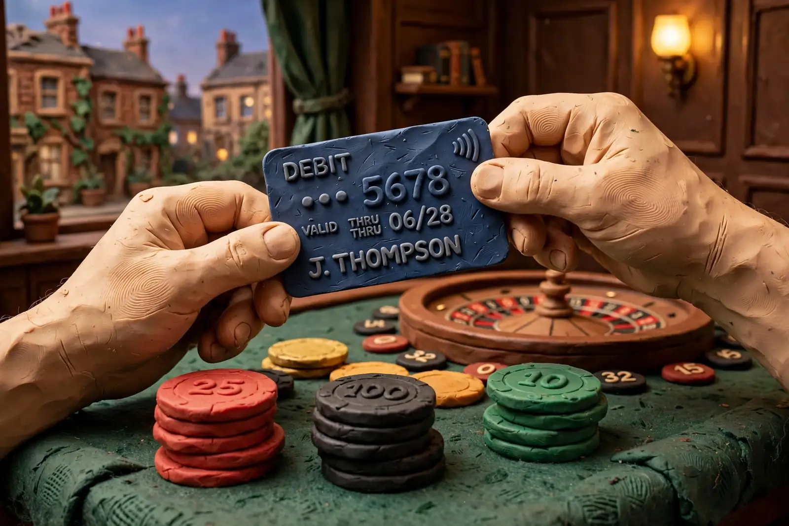 Hands holding a payment card over a casino gaming table with chips and roulette wheel.