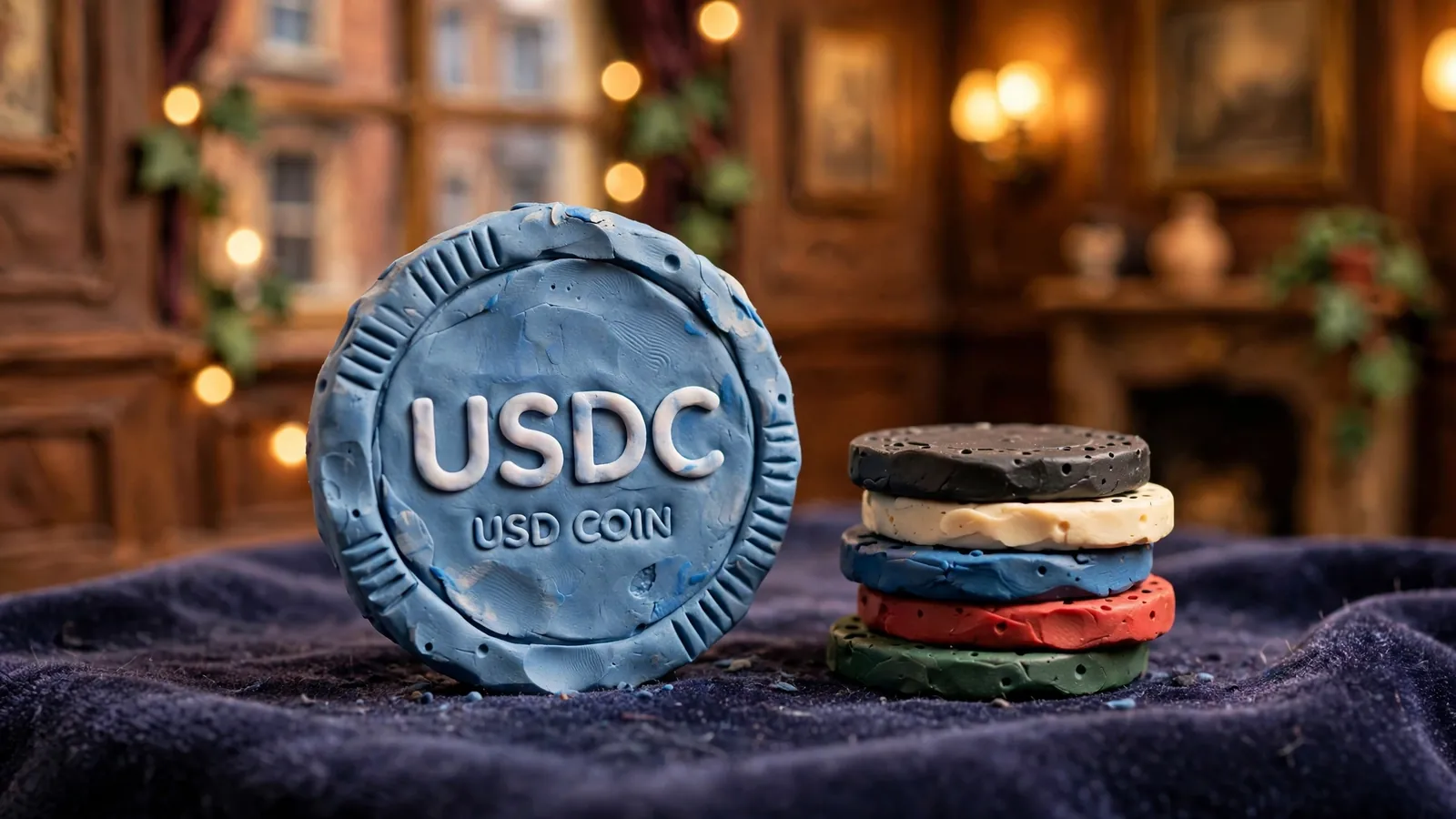 USDC stablecoin standing beside casino chips on a velvet gaming surface