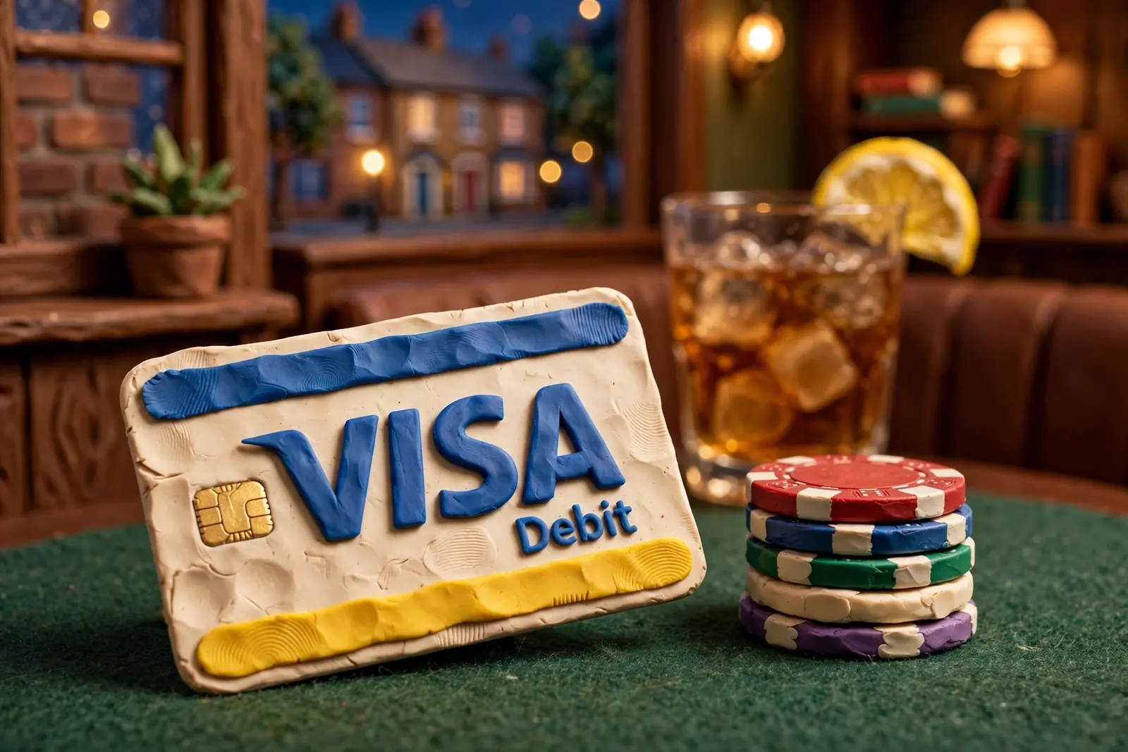 Visa debit card beside casino chips on green felt