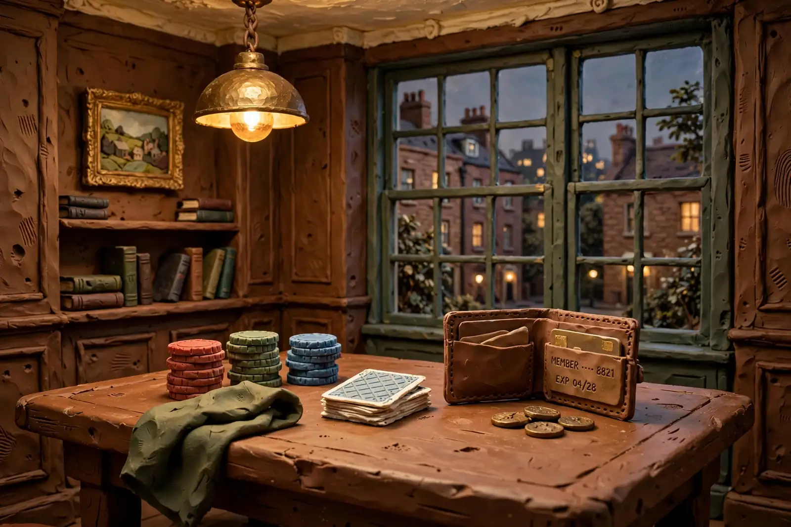 Casino chips, cards and a wallet on a wooden table in a London club interior.