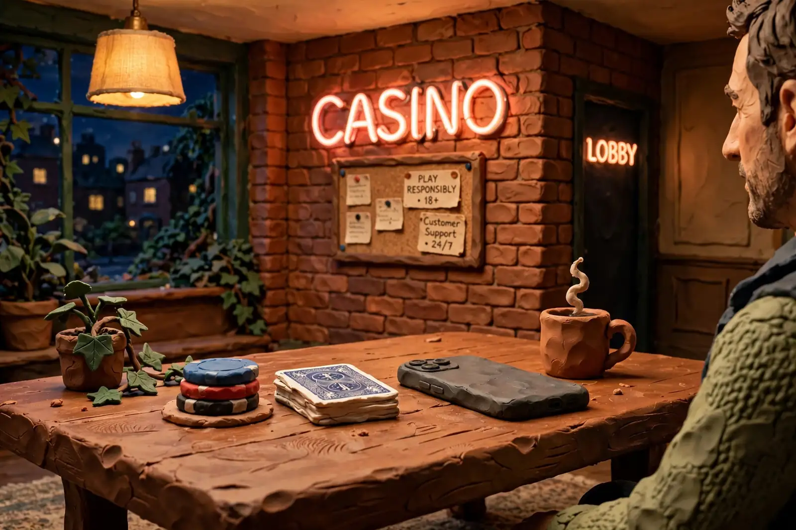 Casino-themed scene with chips, cards, and a smartphone on a table.