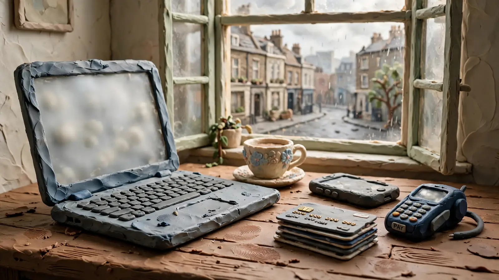 Laptop on a desk with payment cards and smartphone in a UK flat