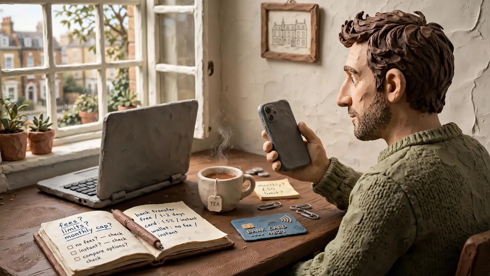 Person at a desk checking smartphone and laptop for Zimpler availability