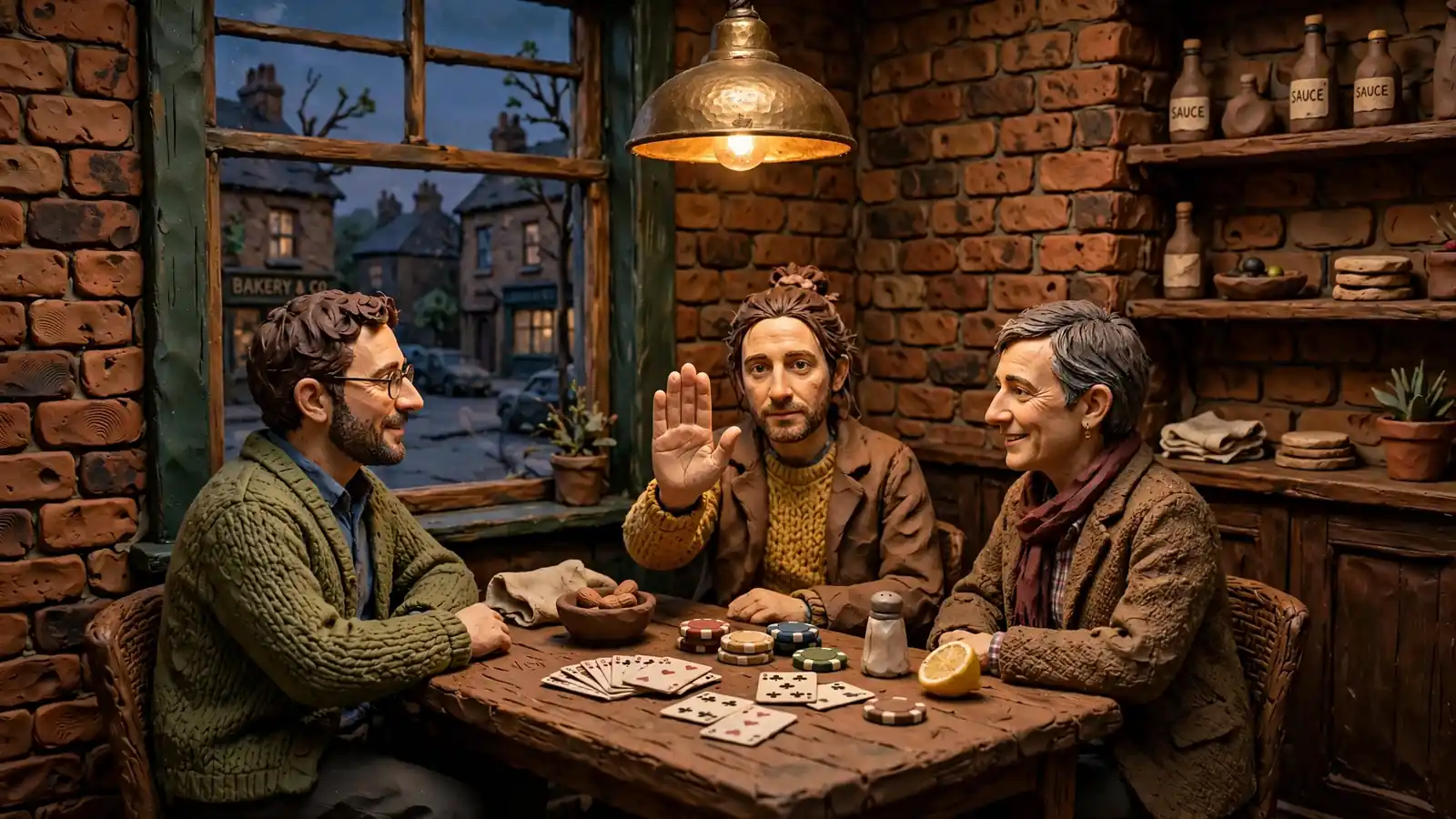 Friends at a British pub table with cards and chips, one person signaling a pause.