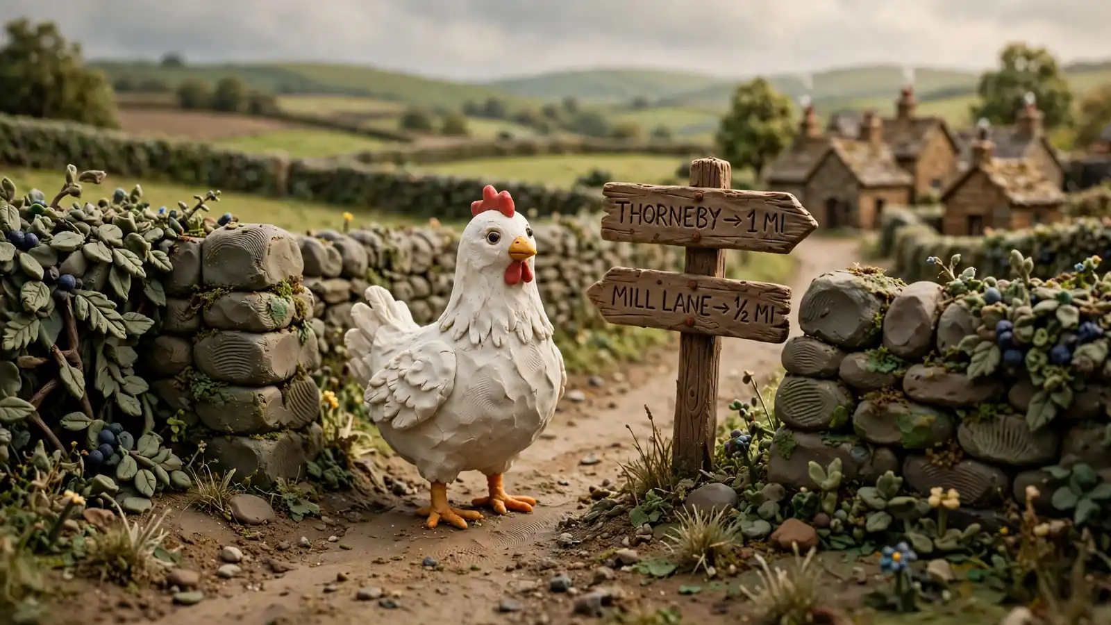White chicken on a narrow British country lane with stone walls.