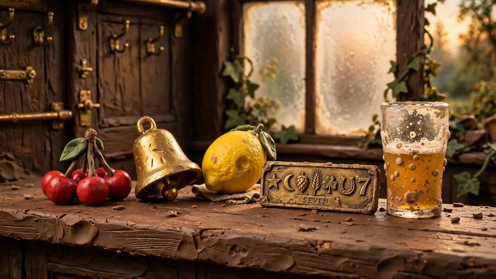 Classic slot symbols arranged as still life on a British pub counter with warm amber lighting