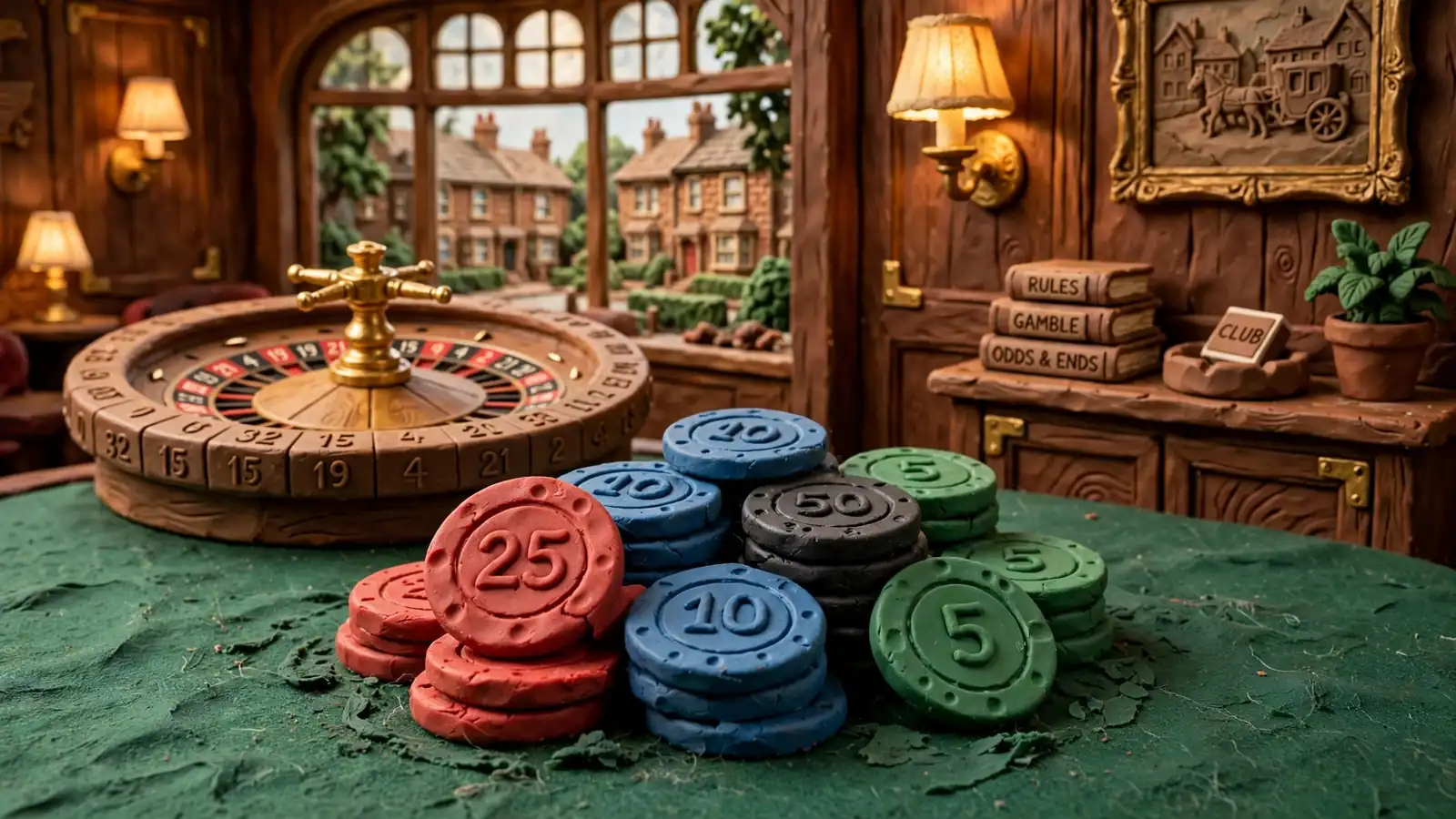 Clustered casino chips on a green felt table in a UK gaming lounge