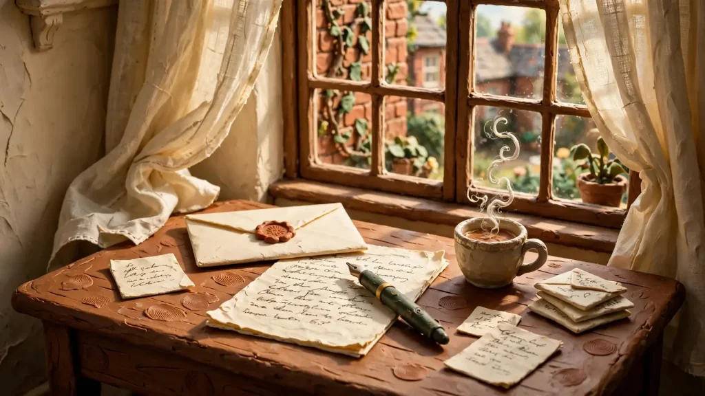 A wooden desk with a sealed envelope, fountain pen, handwritten notes, and a cup of tea near a window