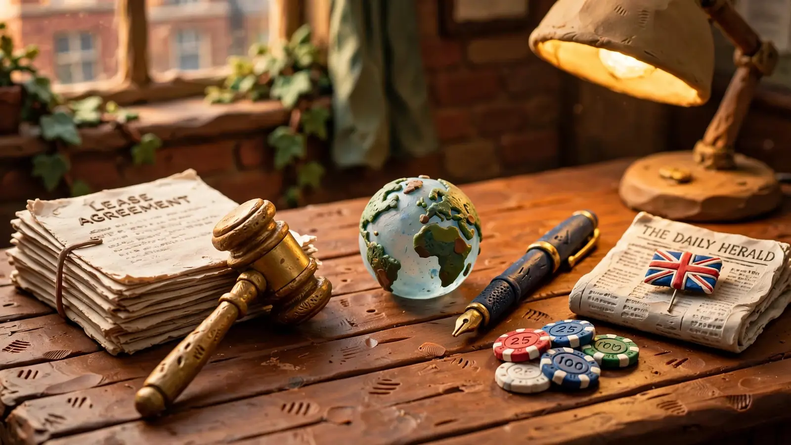Legal documents, gavel, and casino chips on a wooden desk