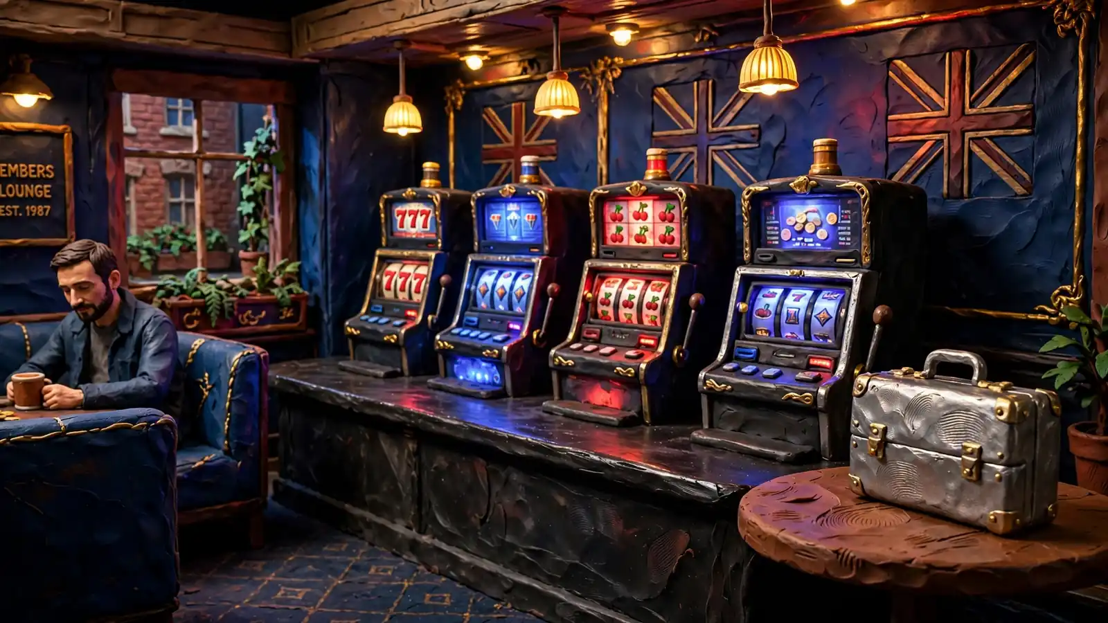 Modern UK casino lounge with slot machines and a metallic briefcase