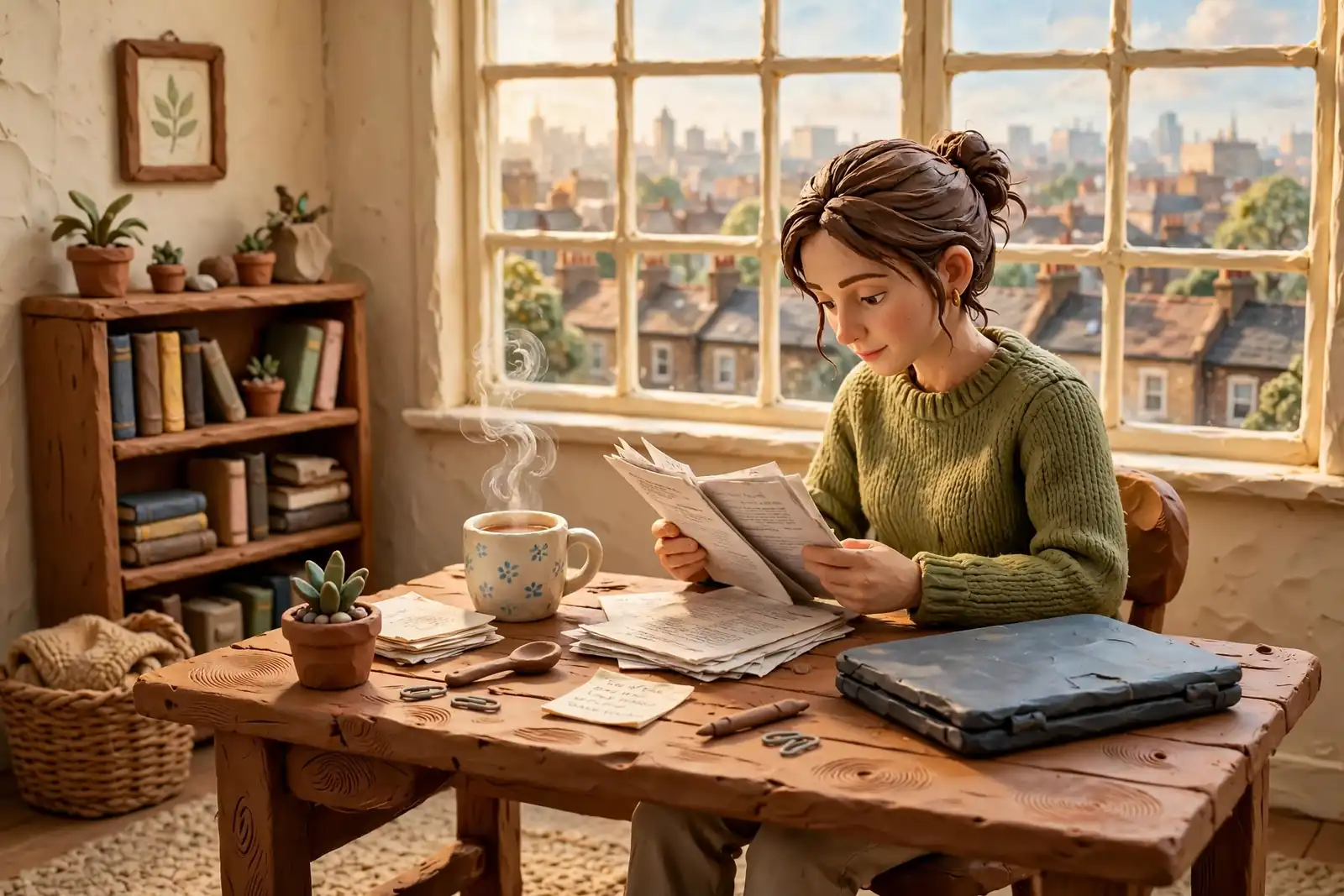 Person reading documents at a tidy desk with tea in a bright home office.