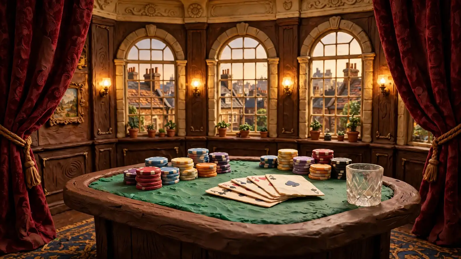 Elegant British casino lounge with stacked poker chips, playing cards, and London skyline through windows.
