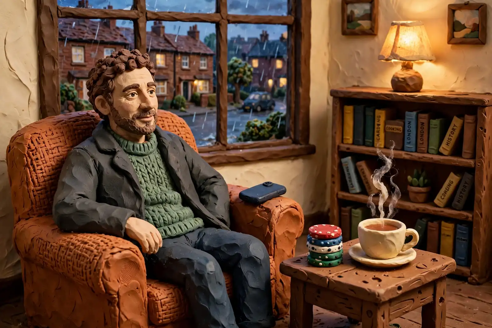Person at home with phone, casino chips and tea waiting for casino withdrawal