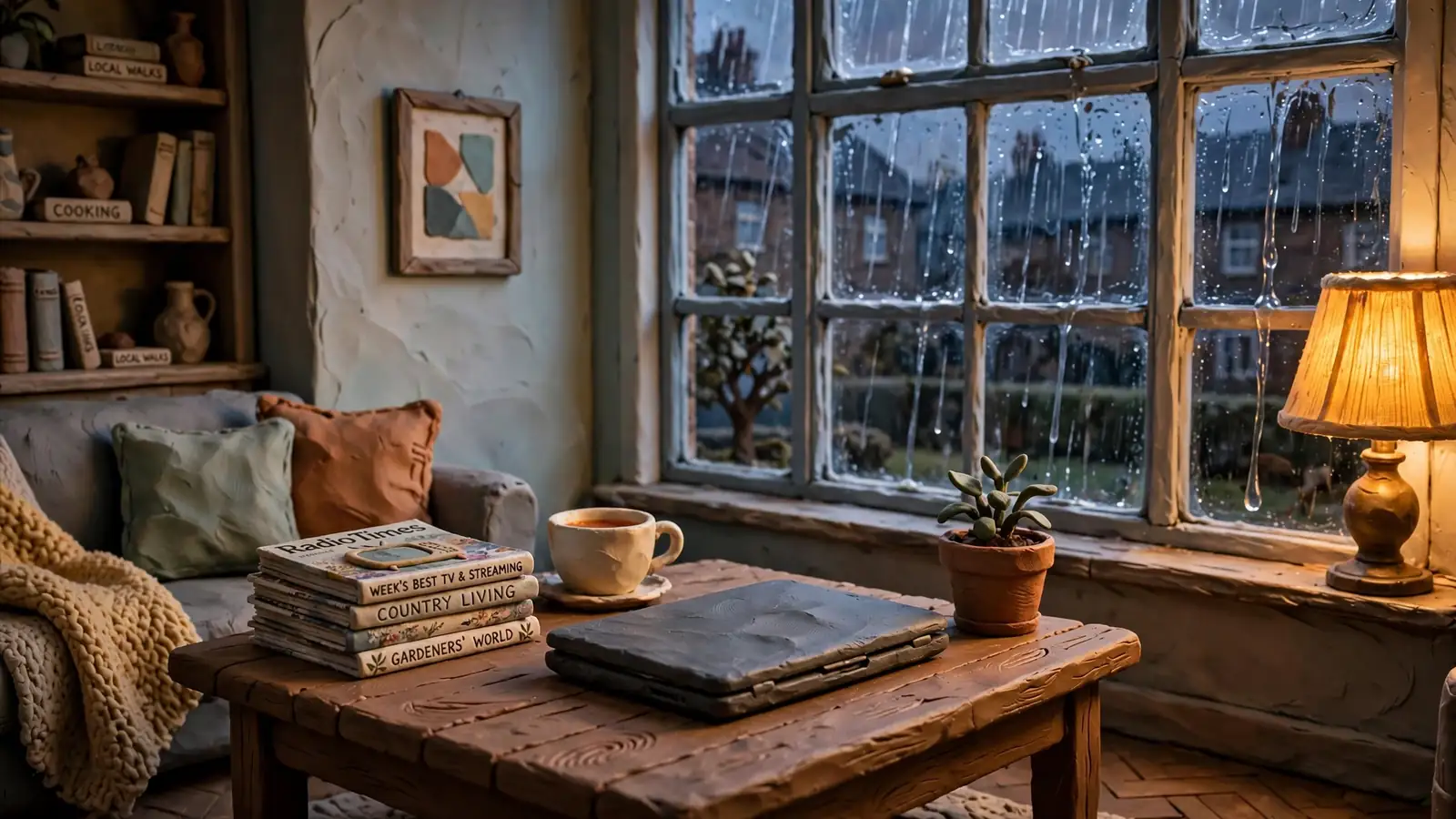 Cozy British living room with a closed laptop on a coffee table at dusk.