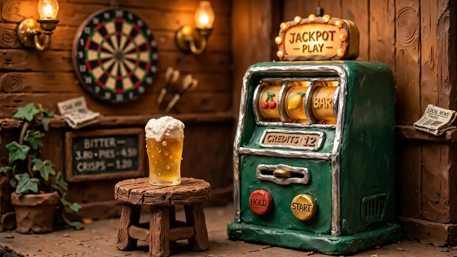 Vintage fruit machine inside a traditional British pub with warm amber lighting.