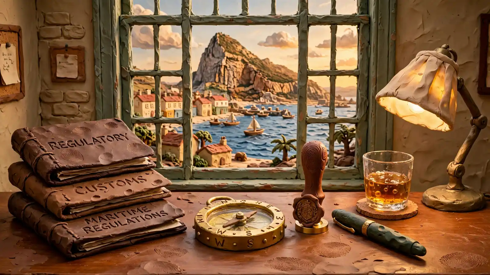 British office desk with regulatory folders overlooking the Rock of Gibraltar