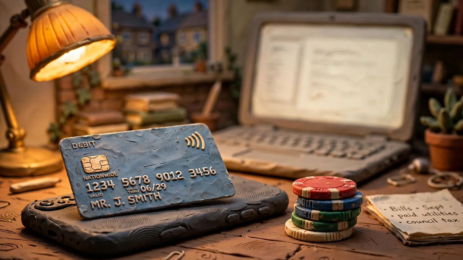 Bank card, smartphone and casino chips on a desk in the UK.