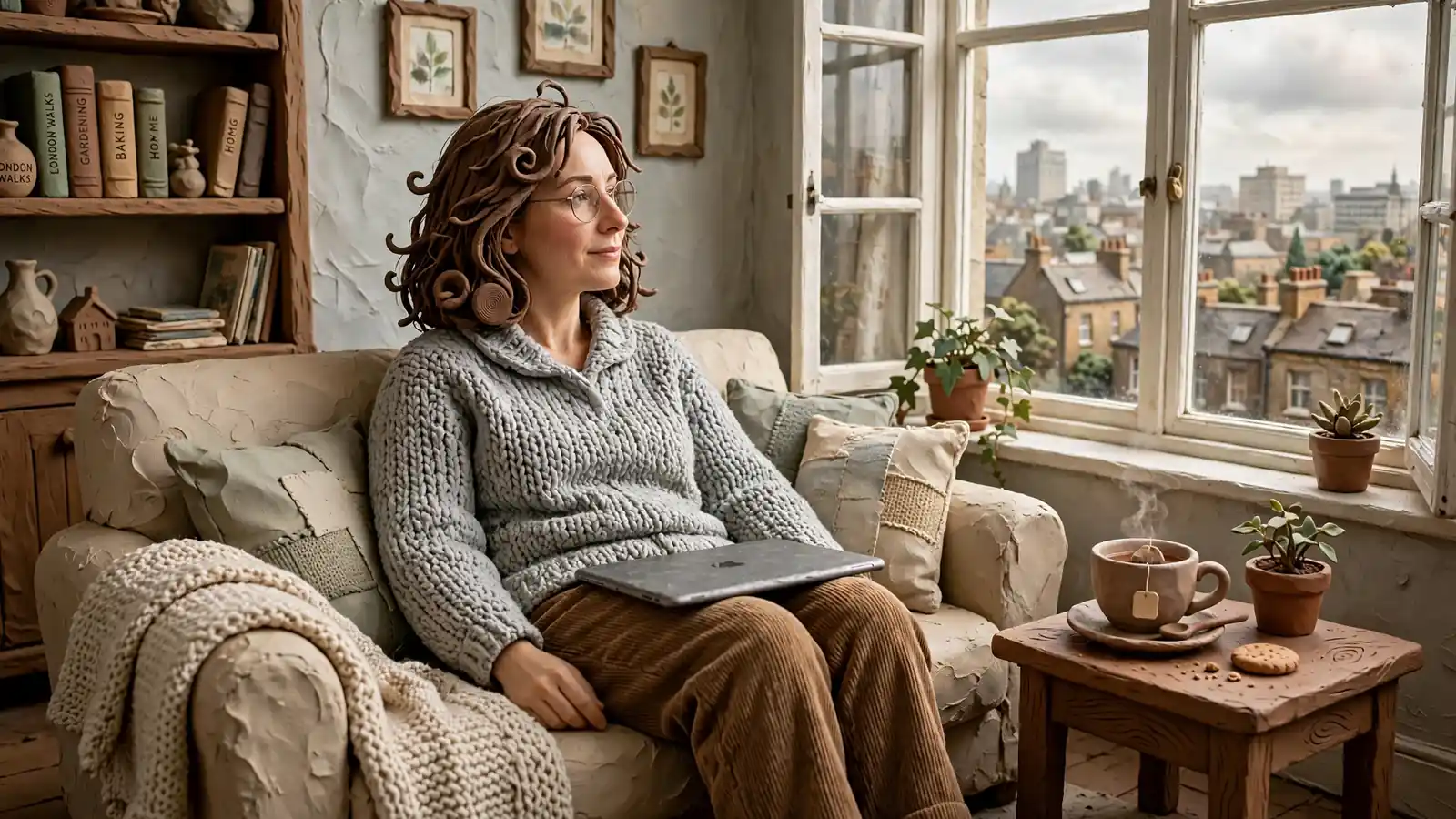 Person holding an iPad in a British living room with a cup of tea