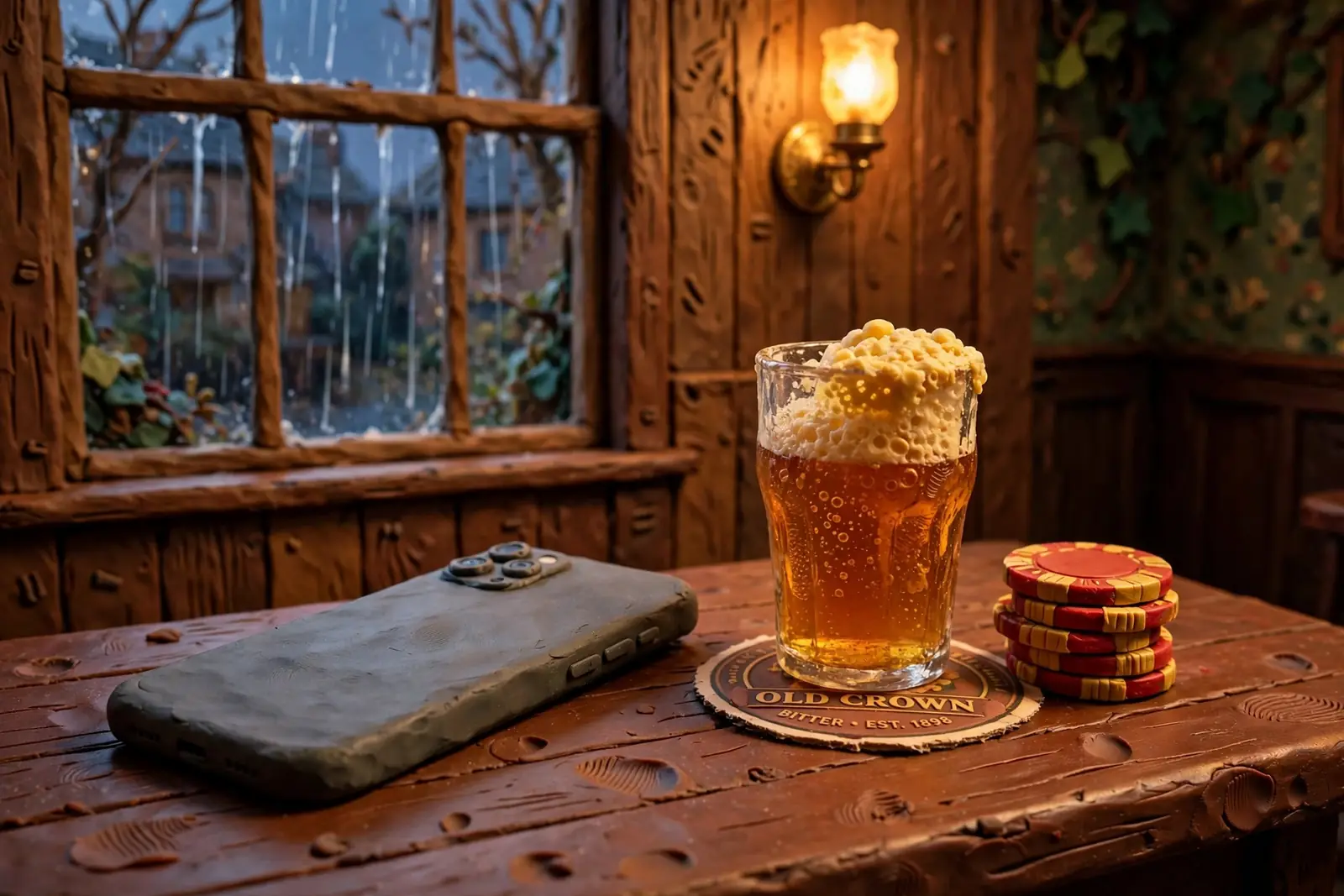Smartphone on a British pub table with ale and casino chips at dusk.