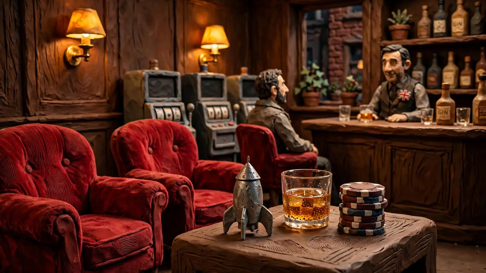 Dim British casino lounge with red velvet seating, dark wood paneling, brass lamps, and a small decorative rocket on a side table.